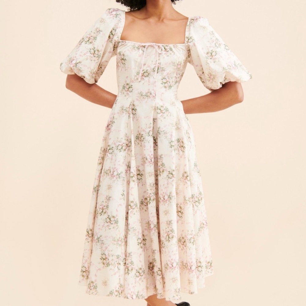 Selkie Cream and Pink Floral Day Midi Dress 100% Cotton